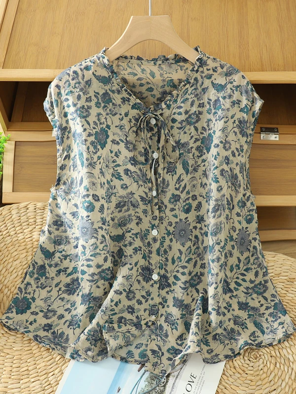 

Retro Floral Print ell Collar Tie Dotted Hemp Svel irt Women Summer Floral Art Versatile Thin Top Thin Sle