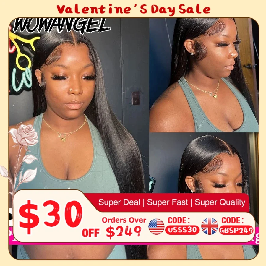 WowAngel 250% предварительно отбеленные 13x6 HD парики фронта шнурка 34 дюйма бесклеевые прямые человеческие волосы предварительно выщипанные бразильские волосы для женщин