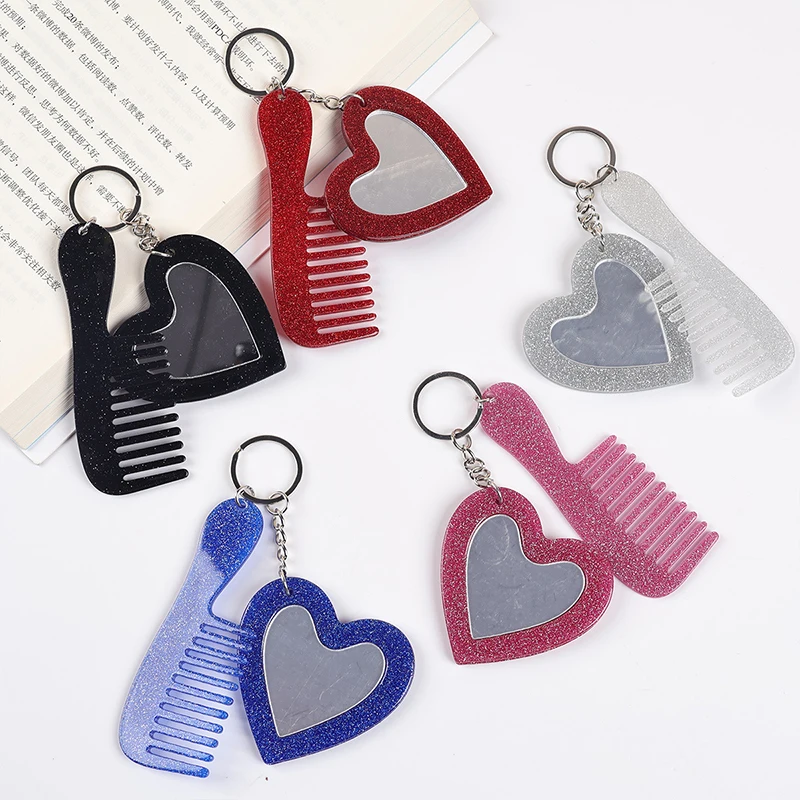 Fashionable Mini Comb Keychain With Heart Shape Makeup Mirror Handmade Creative Keyring Fashionable Key Ring Backpack Decoration