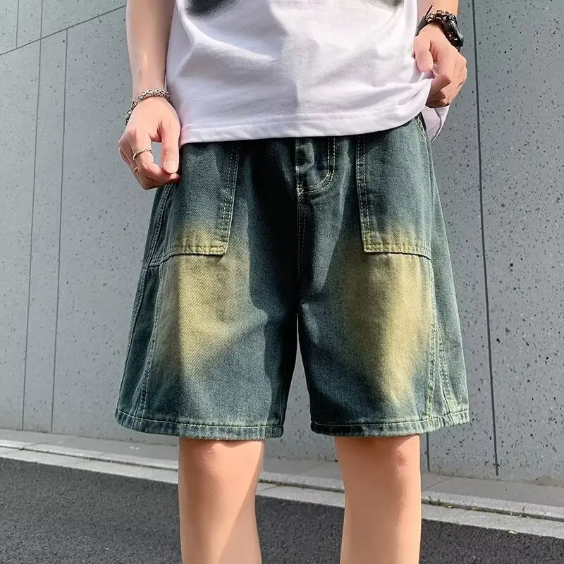 

Мужские летние джинсовые шорты с рваным эффектом и звездным принтом, в американском ретро-стиле, свободного кроя, универсальные, средней длины (до колена).