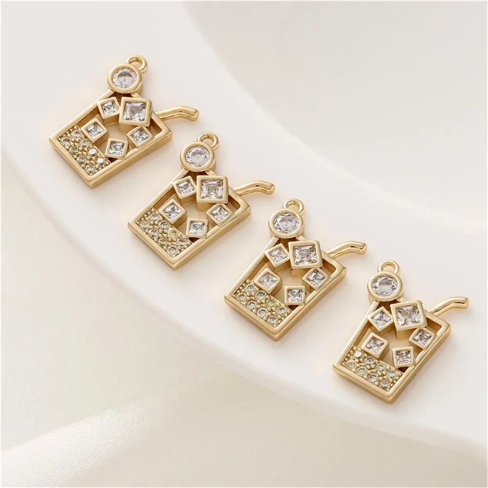 14K Gold with Zirconia Plus Straw Ice Cube Drink Cup Pendant Diy Accessories Handmade Bracelet Necklace Pendant