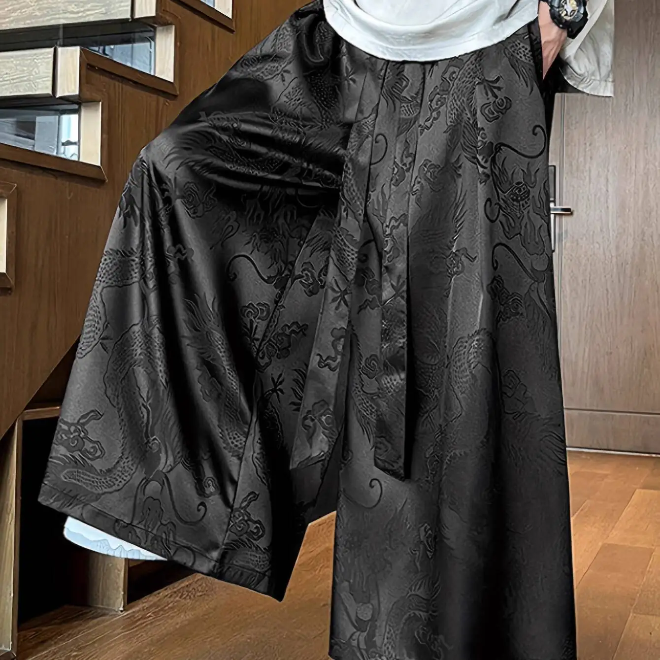 Men's Hanfu Pants Ice Silk Jacquard Dragon Pattern Casual Wide-Leg Trousers Retro Chinese New Fashion wushu clothing