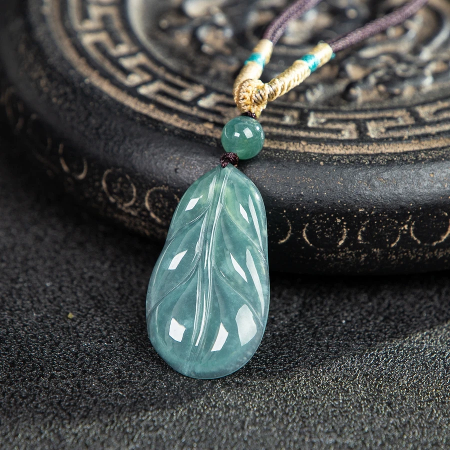

TIMESWIND Natural A-grade Jade Blue Leaf Three-d Carved women Necklace with certificate