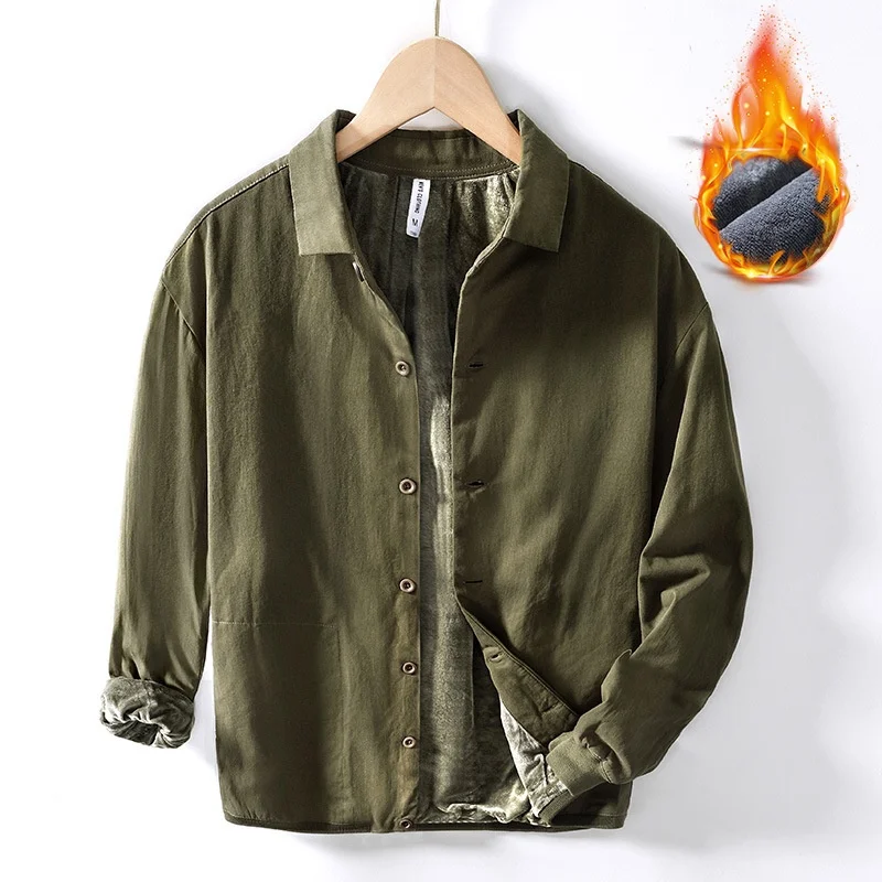 

Men's Fce Lined Thiened Retro Collar irt Jaet Casual Loose Fit Long Sve Cotton Pure Color Winter Outerwear