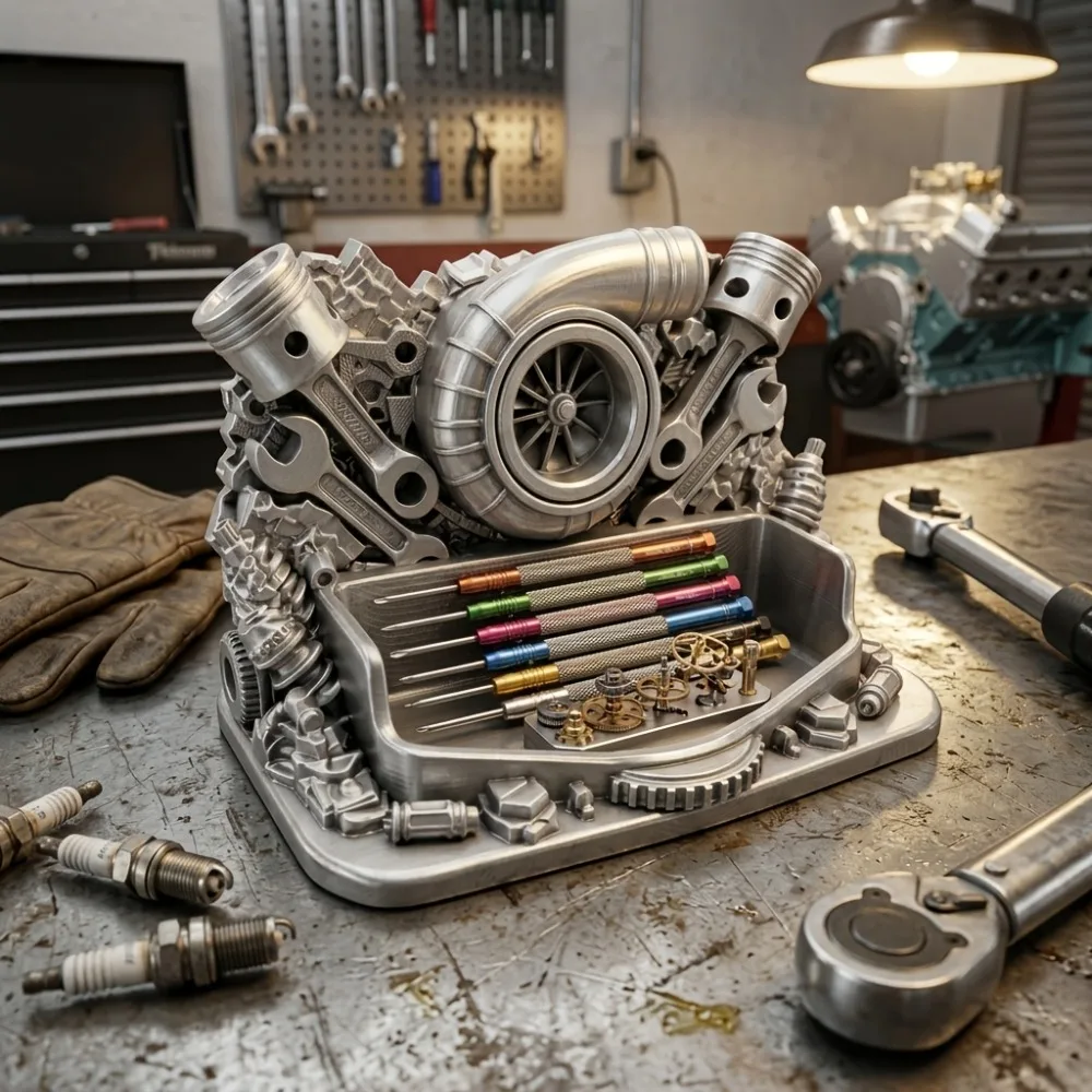 Metallic Texture Industrial Style Automotive Plastic Business Card Holder Mechanic Engine Piston Desktop Storage Seat Decoration