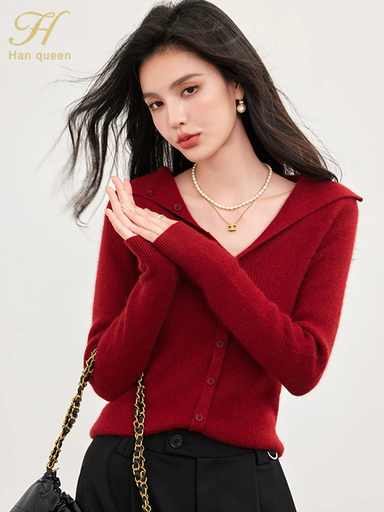 H Han Queen 2024 nuevo Otoño Invierno Navidad básico Simple suéter de punto de un solo pecho para mujeres Tops cárdigans de manga larga