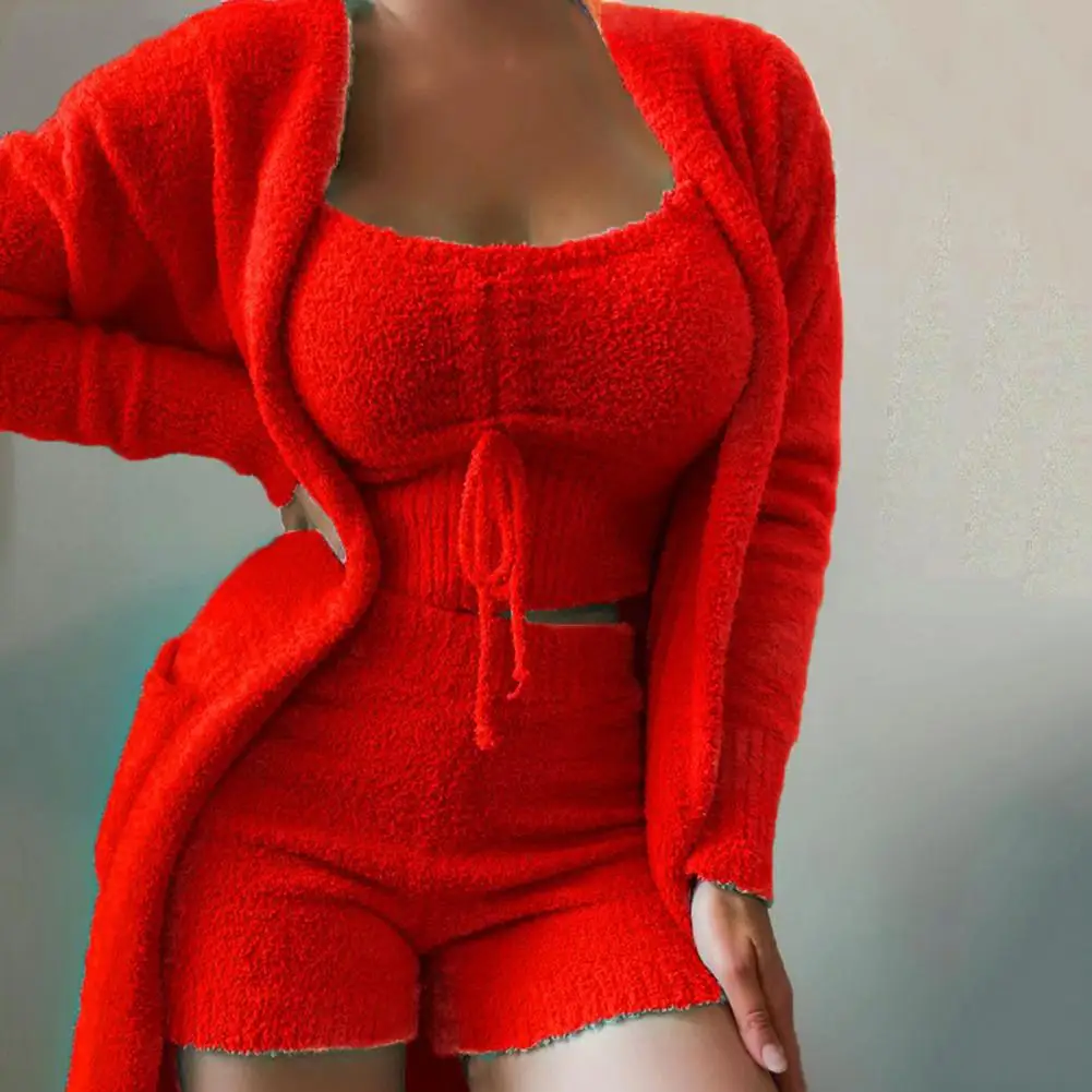 Women Pajamas Set Plush ThermalOpen Stitch Cardigan Crop Tops Shorts Set Loungewear Soft Women Sleepwear Coat Tops Pants Suit