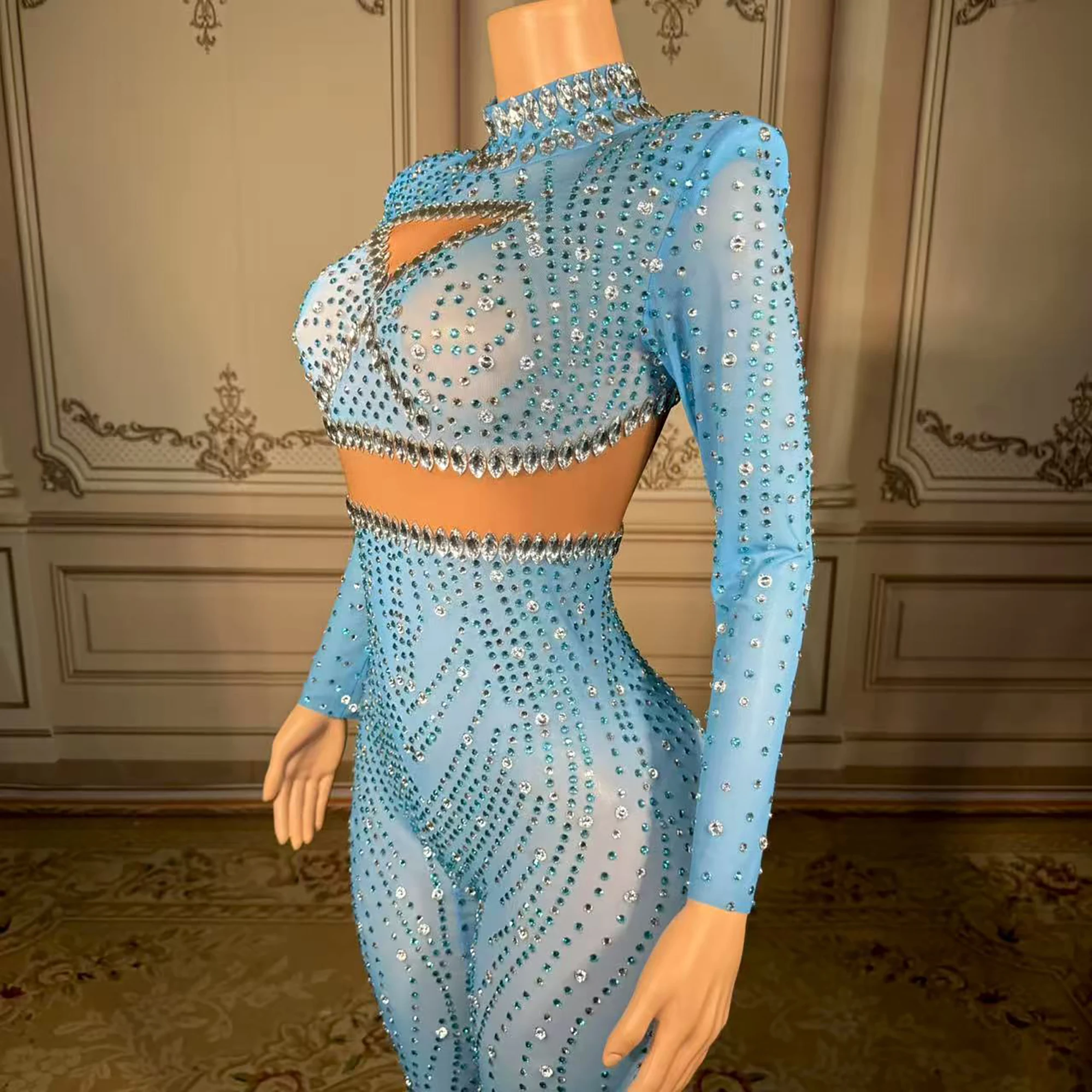 Romper seksi lengan panjang transparan berpayet kristal, bodysuit one piece, leotard penari eksotis wanita pesta, jumpsuit berhiaskan rhinestones.