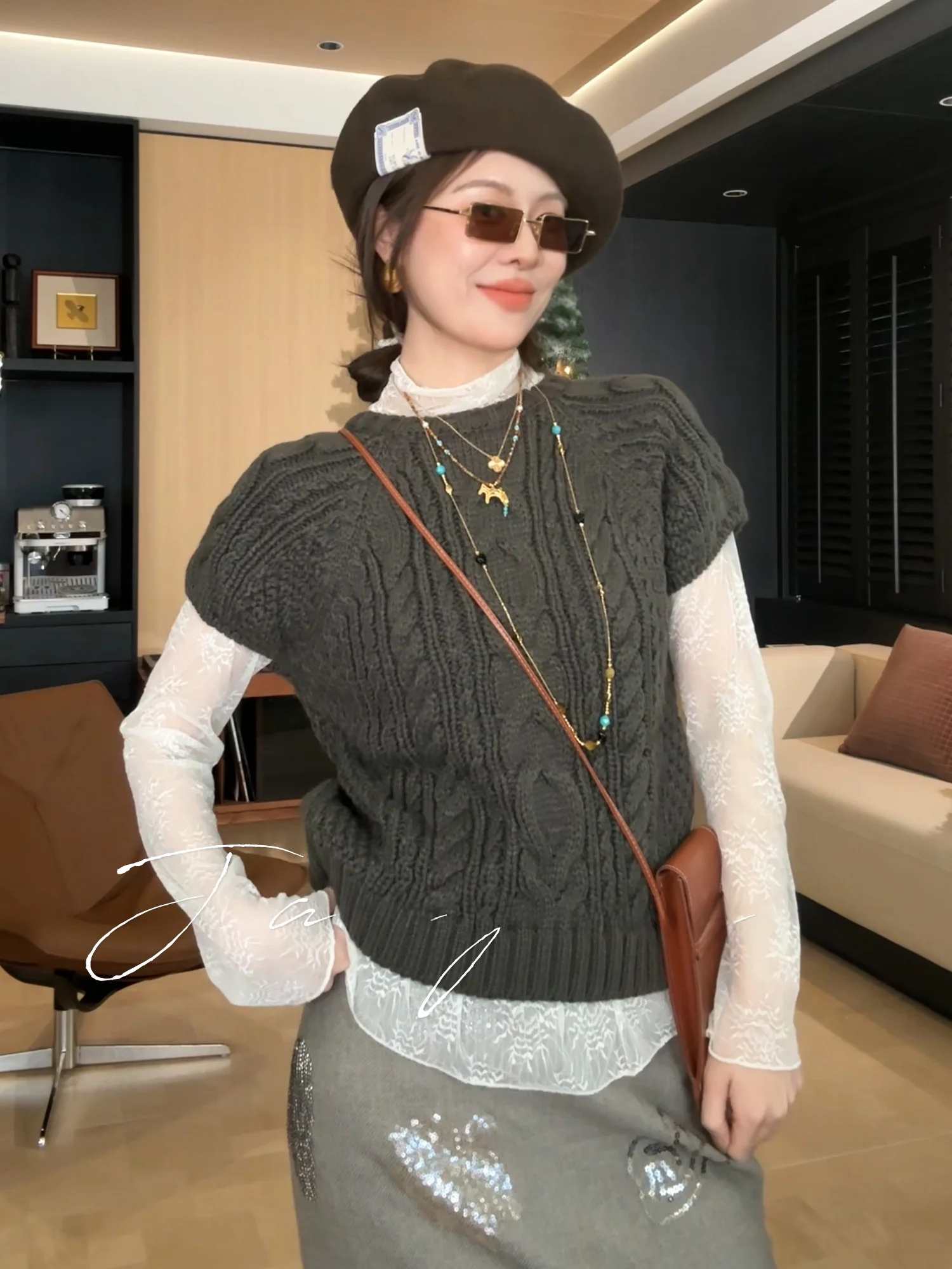 

Комплект Jaajaaa Serna Whispers: нежный корейский вязаный костюм с кружевным воротником, повседневный, удобный, из смесового хлопка