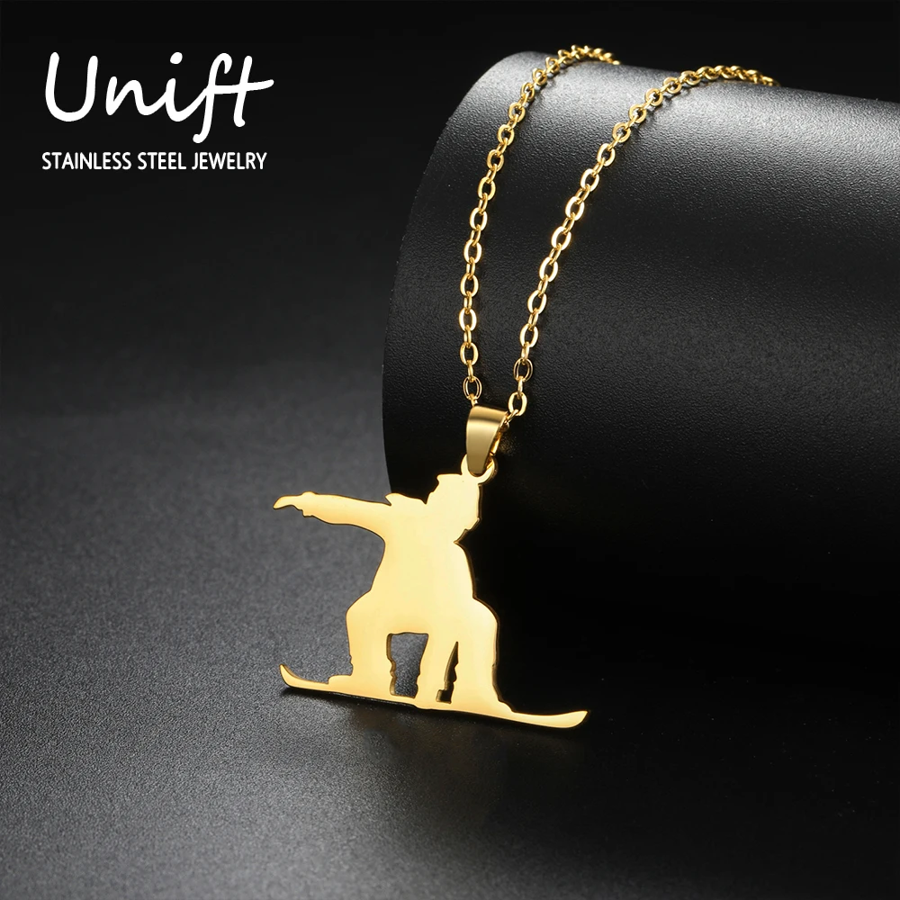 Unift Sports Skier Player Necklaces Snowboard Boy Girl Stainless Steel Jewelry Fashion Casual Snow Surfing Adventure Neck Chain