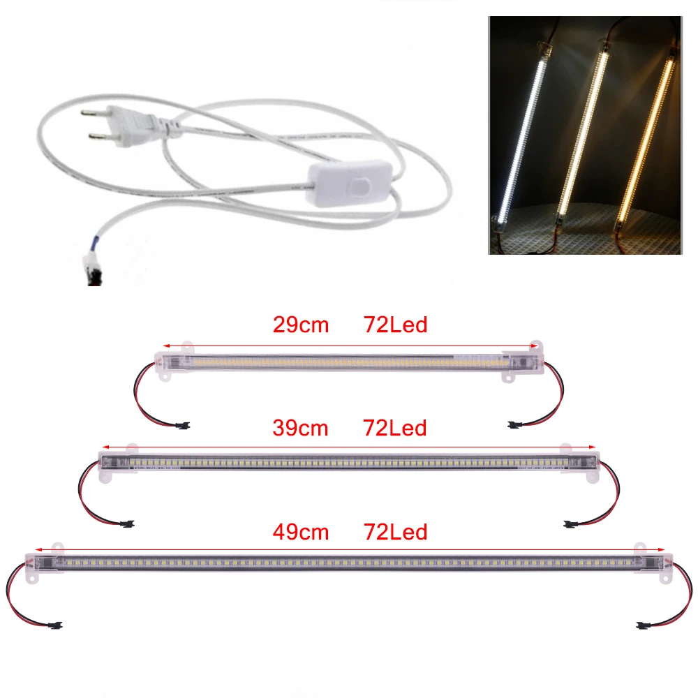 AC 220V LED Hard Strip Light 10/20/30/40/50CM SMD2835 72LEDs Warm Natural White Clear Cover Cabinet Lamp with 1.8Meter EU Switch