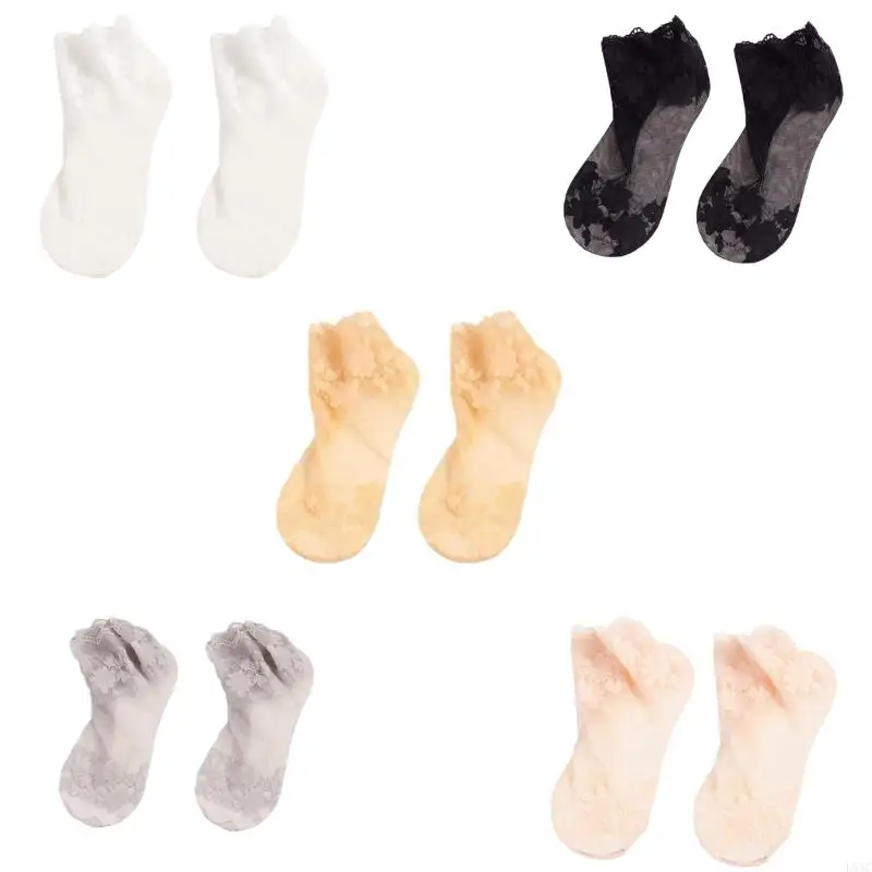 

L5YC Antislip Cotton Soles Ankle Socks Delicate Flower Lace Accents Breathable Mesh Lightweight Sheer Low Cut Socks for Women
