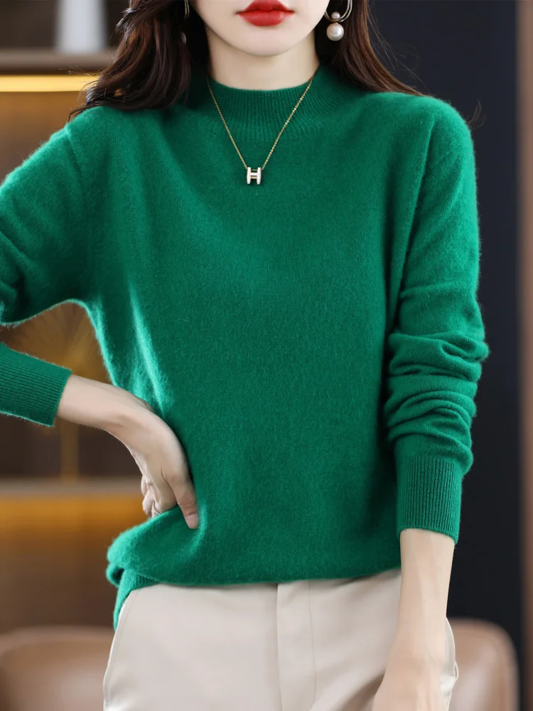 Women Half High Collar Sweater 100% Merino Wool Pullover Autumn Winter Long Sleeve Female  Cashmere Knitwear Korean Fashion Tops