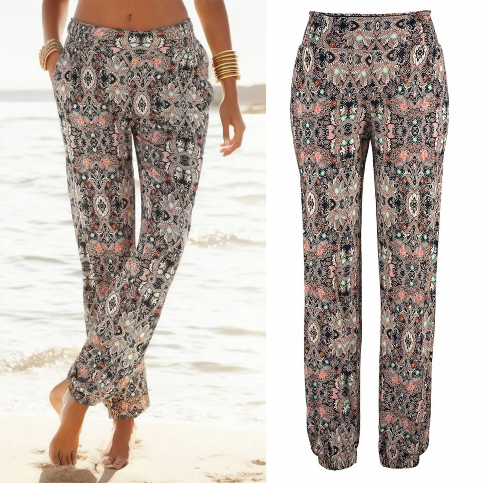 

Bohemian Women'S Pants Summer Women High Waist 3d Printing Easy Trousers Long Pants Drawstring Pockets Boho Beach Pants 2024 New