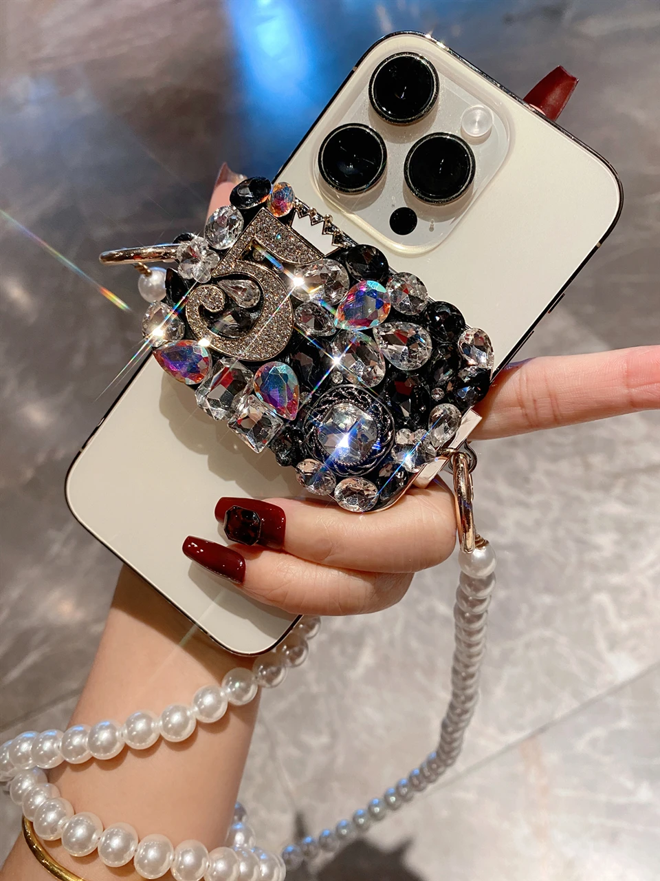 

Diamond Cross-Body Carrying Pearl Chain Mobile Phone Fixed Detachable Universal with Rhinestones Lanyard Clasp Anti-loss Tools