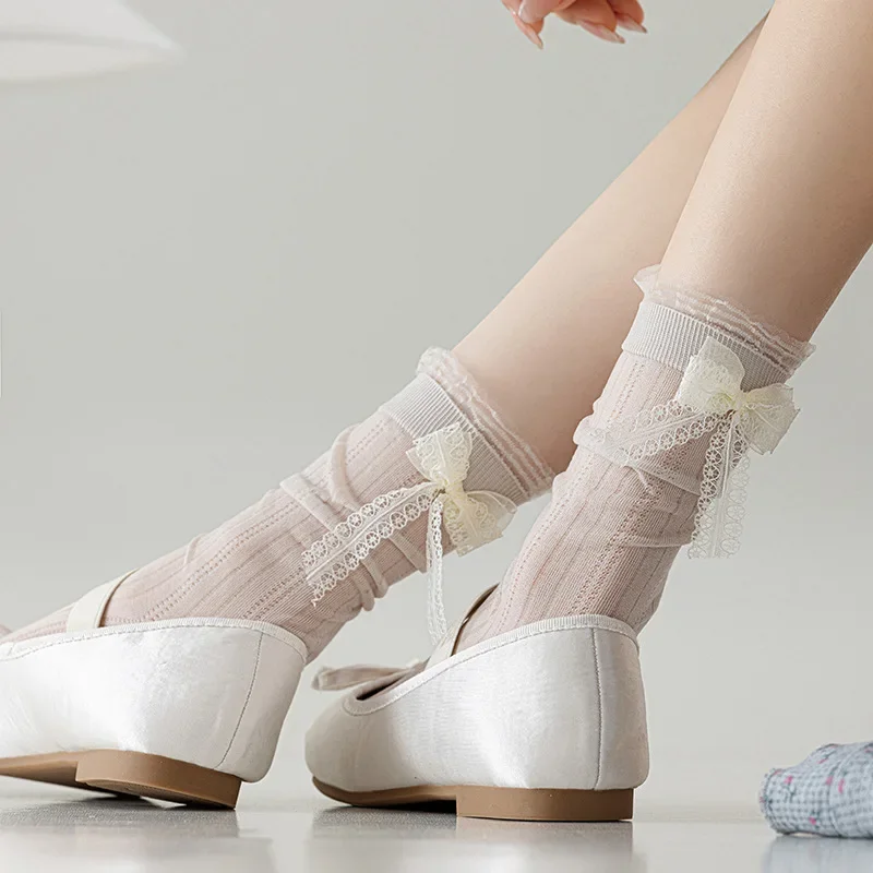 Modne skarpetki z falbankami, siateczką i kokardką, w stylu baletowym Lolita, do połowy łydki, damskie, oddychające, słodkie skarpetki, bielizna pończosznicza dla kobiet.
