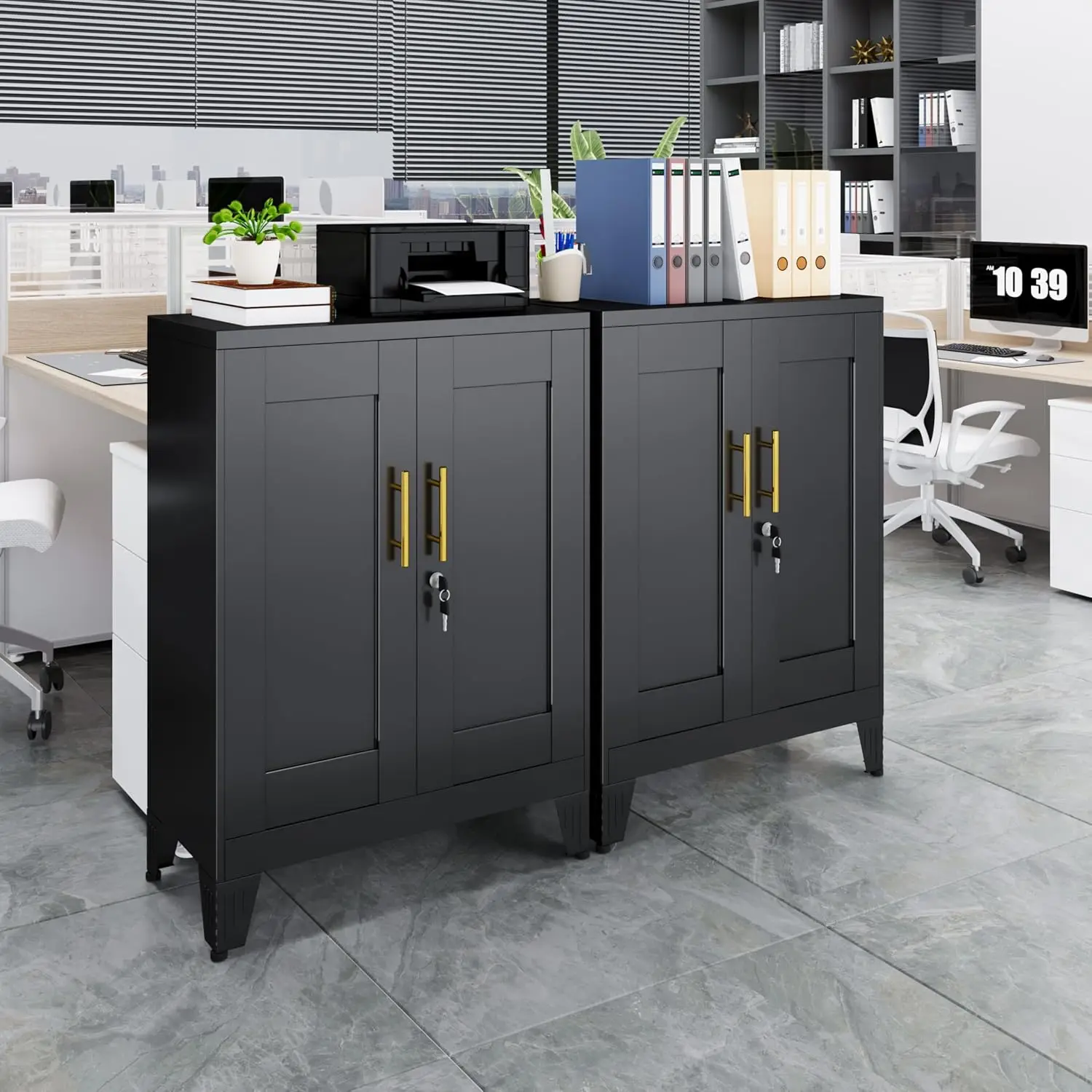 Mobiletto per dispensa in metallo nero con serratura, credenza a due unità con 2 ripiani regolabili, mobiletto da cucina per ufficio domestico