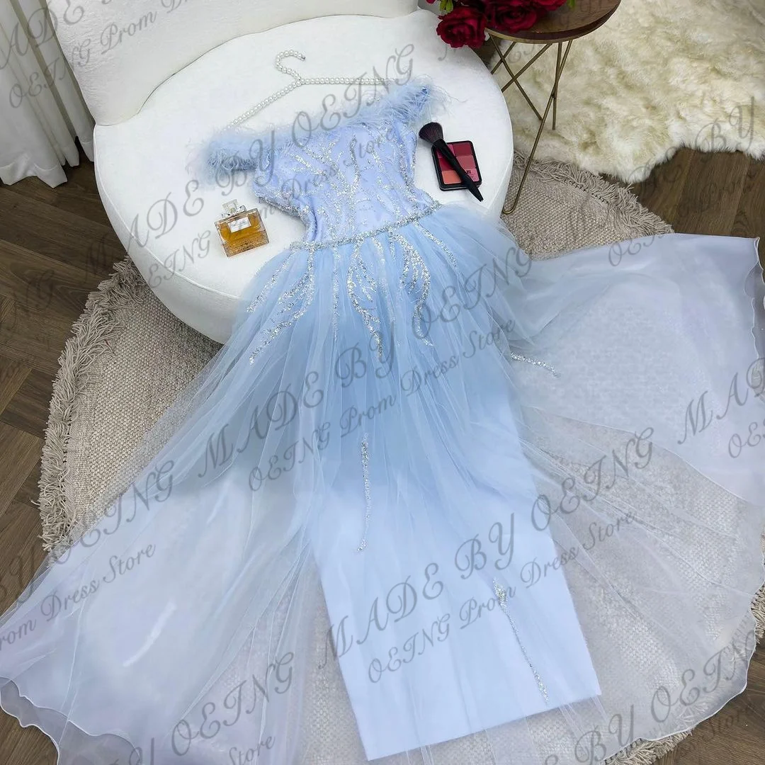 OEING Sky Blue Organza Prom Dresses Sparkly Feathers Jacquard Fabric Evening Gowns Dubai Arabia Party Dress Vestidos De Fiesta