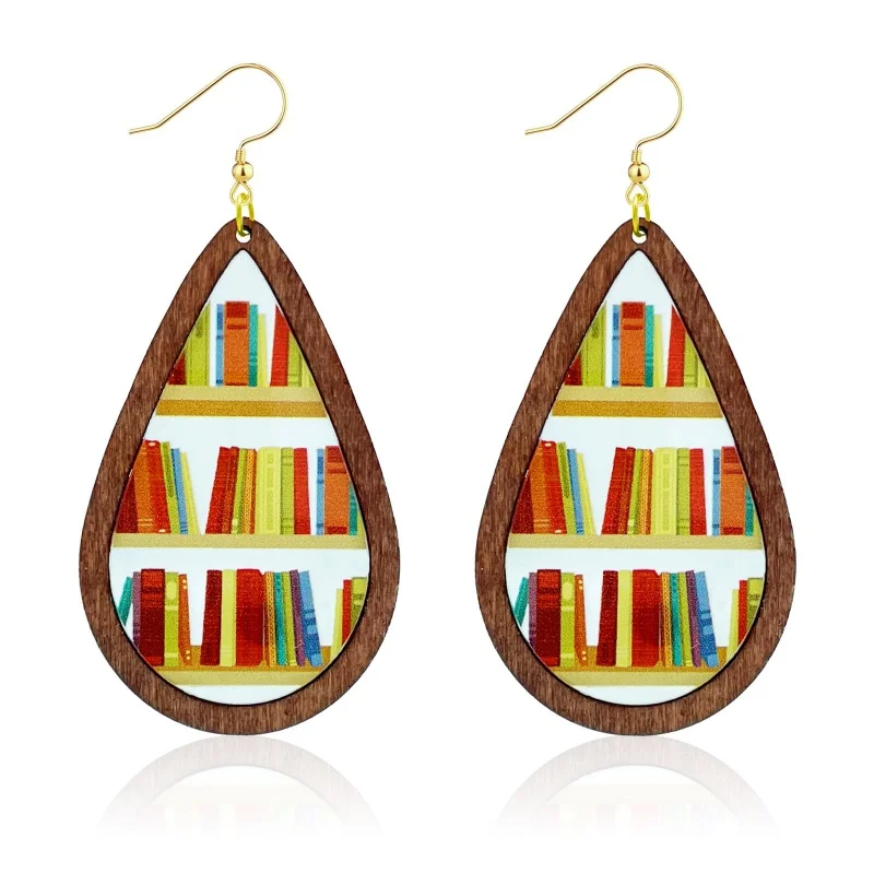 

Wooden Book Earrings Teacher Earrings Librarian Book Lovers Gifts for Women Girls, Funky Unique Book Shelf Science Earrings