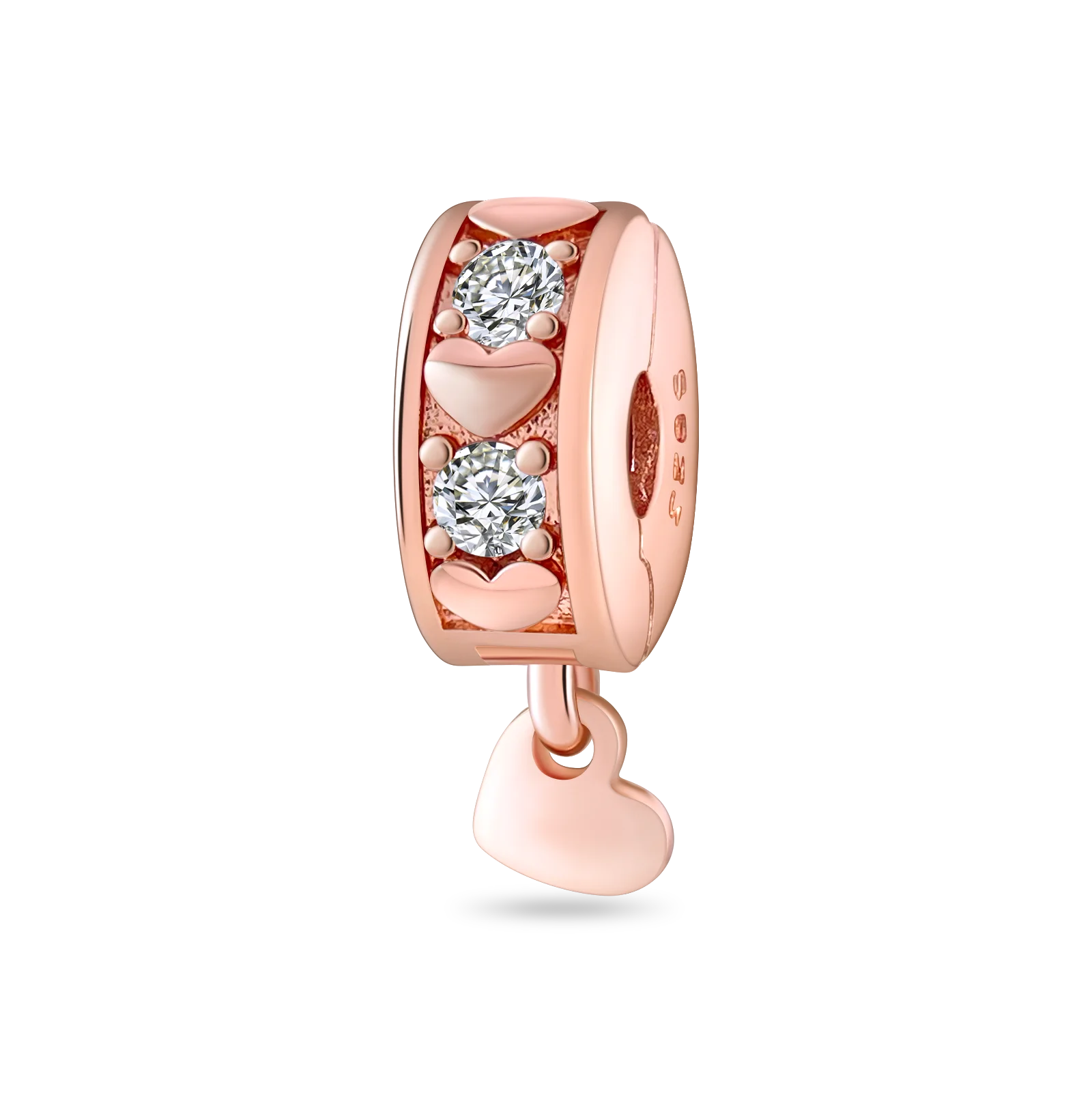 Rose Gold Plated Stopper Charm Bead, Heart Embossed & Cz Accent With Dangling Mini Heart Fits European Bracelet Nice Romantic