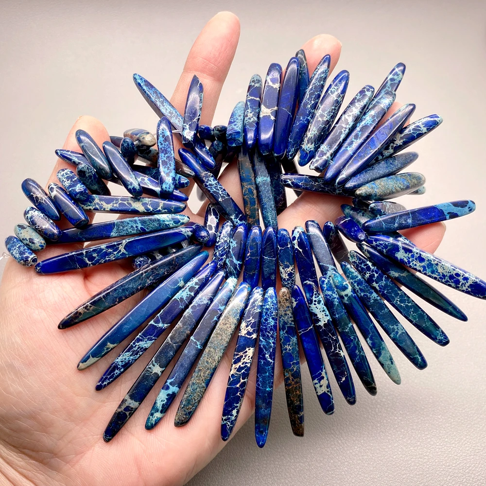 

2 Strands Deep Blue Sea Sediment Imperial Jasper Toothpick Shape Top-dilled Loose Beads 15.5"