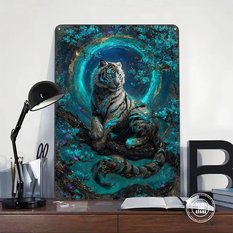 Mystical White Tiger in Teal Forest Metal Poster Customized Wall Art Retro Vintage Tinplate Signs for Decoration Home Man Cave