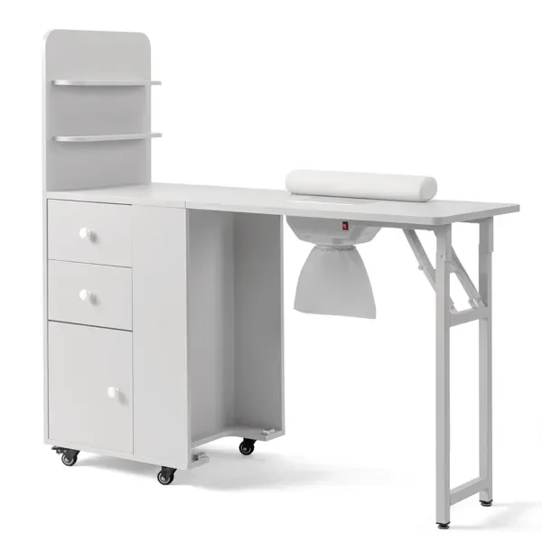 White MDF Folding Nail Desk with 2 Drawers, Cabinet Door & Storage Shelf