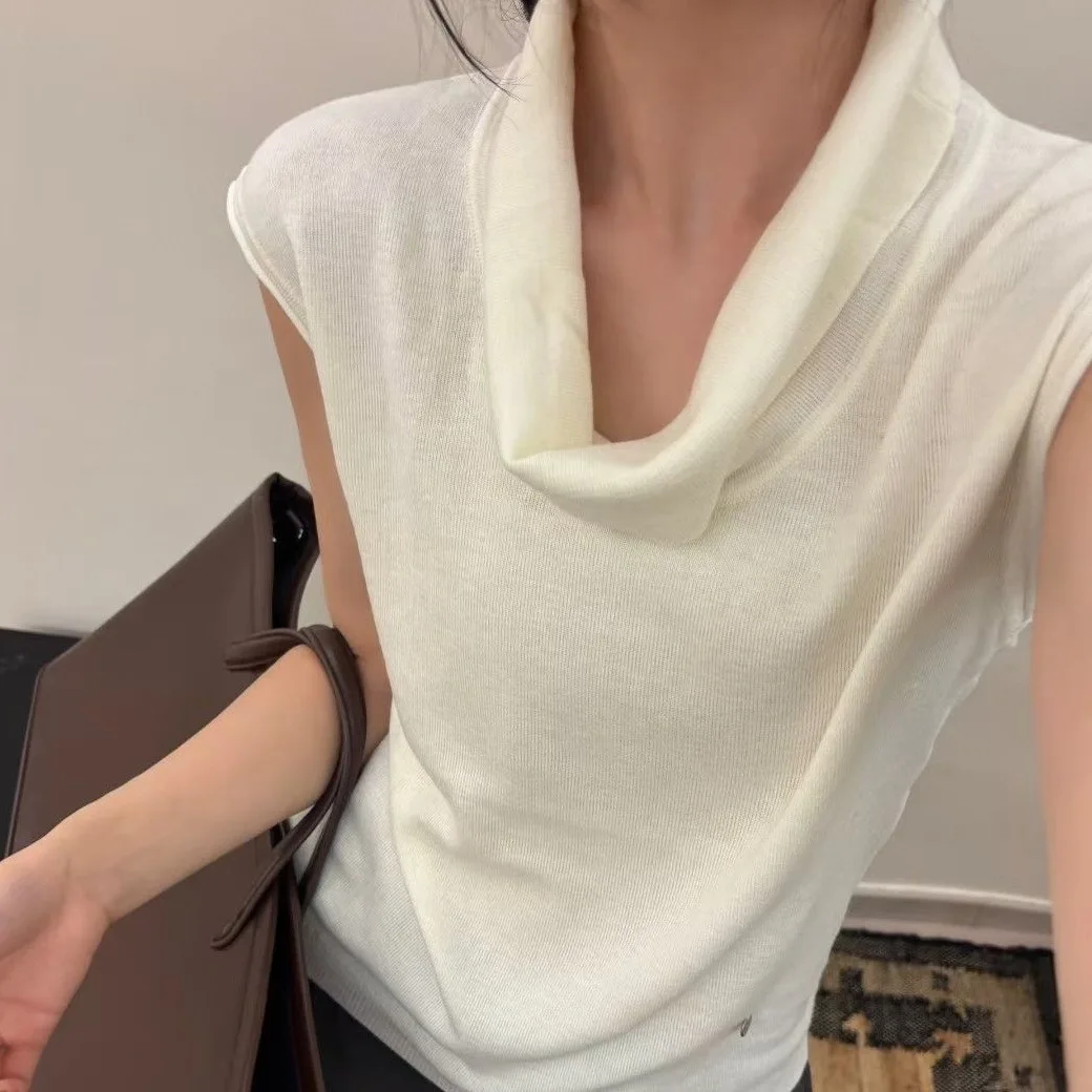 Fashionable Knitted Vest ZY88CD728 Trendy Pile Collar Korean Style Elegant Versatile Summer Casual Polyester Fiber Women's Top