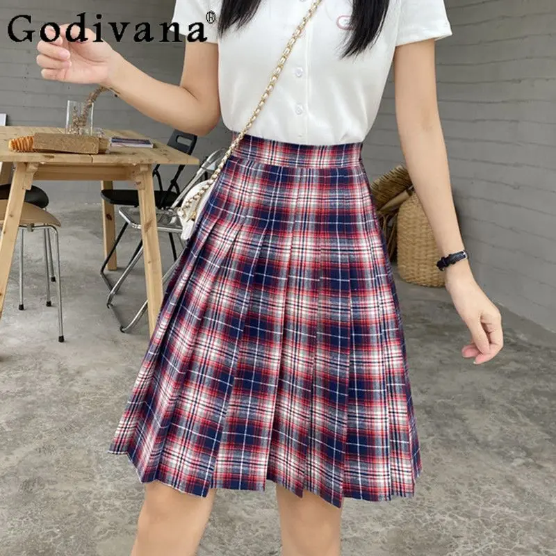 

Корейская клетчатая свободная средняя и длинная плиссированная юбка большого размера для девочек, летние новые универсальные возрастные студенческие юбки трапециевидной формы