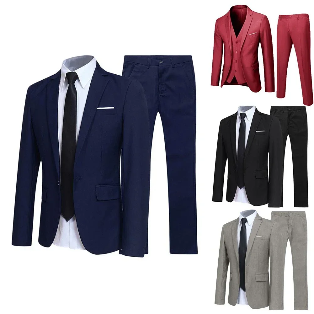 

2PCS/SET Men Blazers Pants Slim Fit Formal Full Business Coats Suits Wedding Party Elegant Jackets Trousers Set Breathable