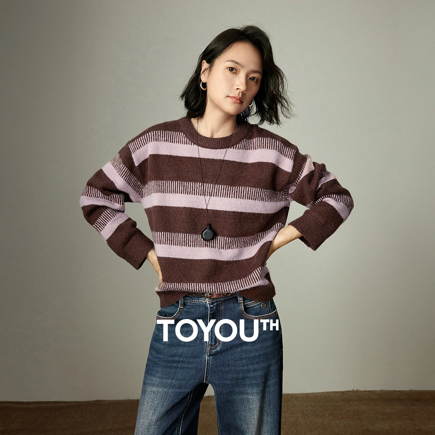 TOYOUTH Wool-blend Sweater for Women 2025 Winter New Crew Neck Loose Cannelés Stripe Soft Warm Top