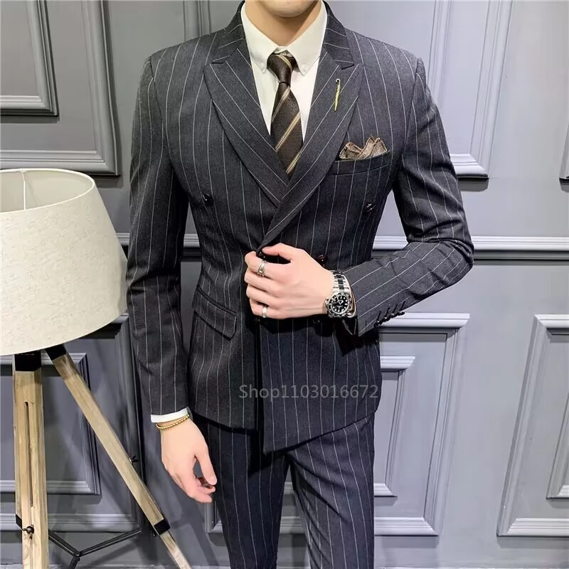 Slim Fit Grey Striped Men Suit Formal Groom Tuxedos Peaked Lapel Double Breasted Blazer Pants Set 2 Piece Business Male Suit