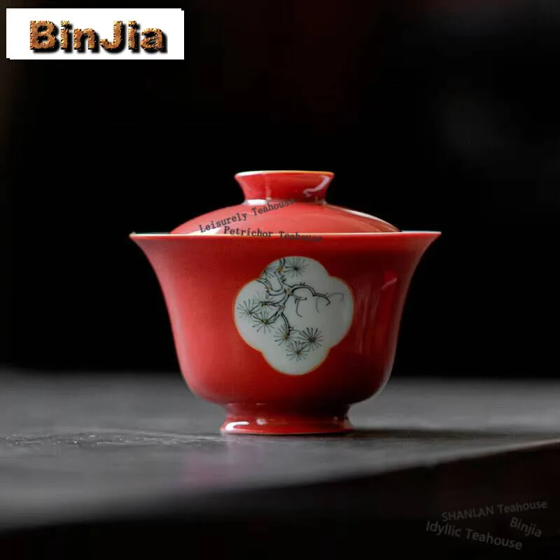

110ml Coral Red Handmade Cover Bowl Household Handpainted Pine Gaiwan Ancient Tea Tureen Outline in Gold Tea Maker Collection