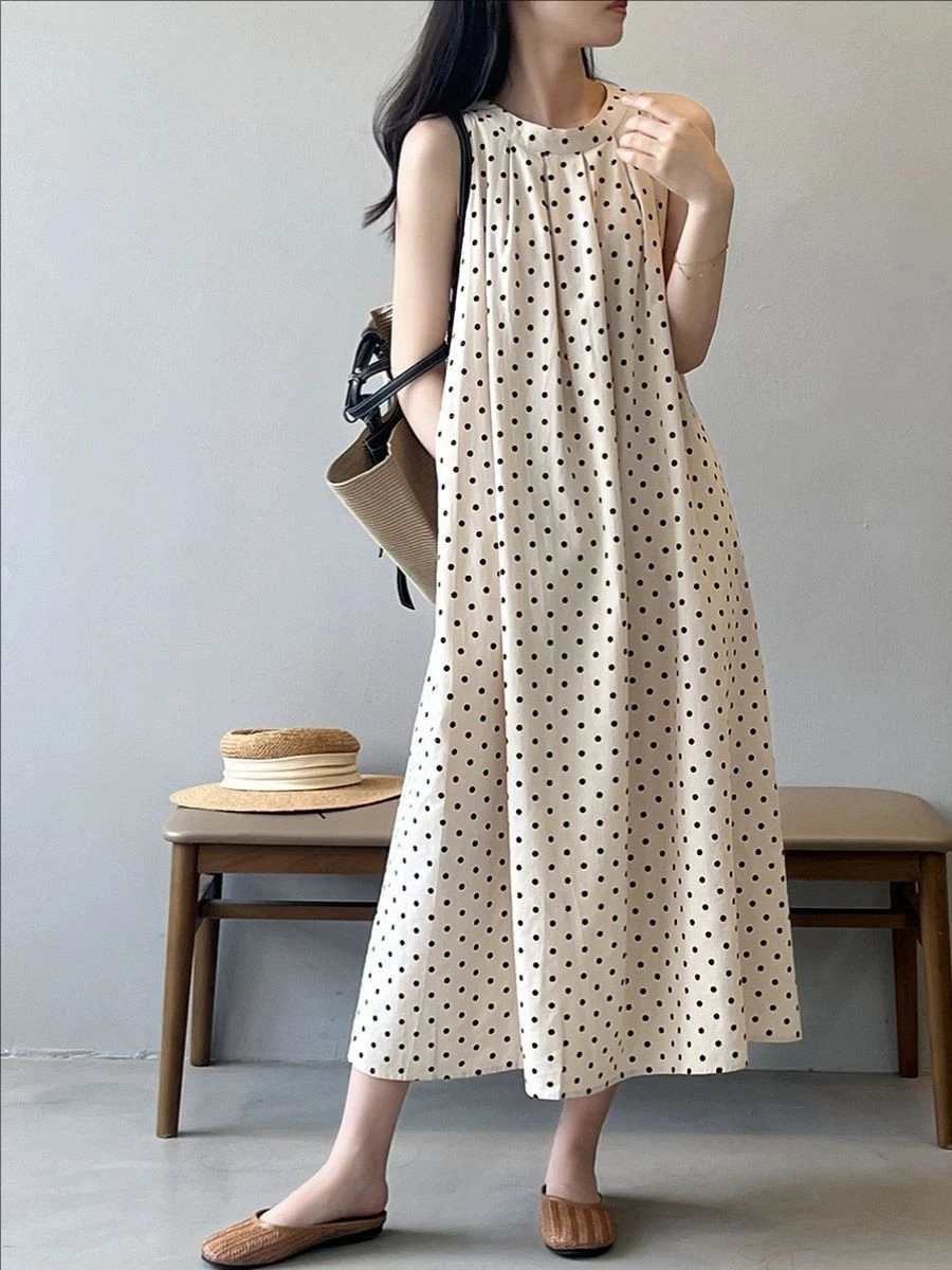 Abito estivo a pois Abito da donna pigro per le vacanze con cinturino francese Abito lungo a trapezio Design senza maniche T-shirt lunga Abito girocollo