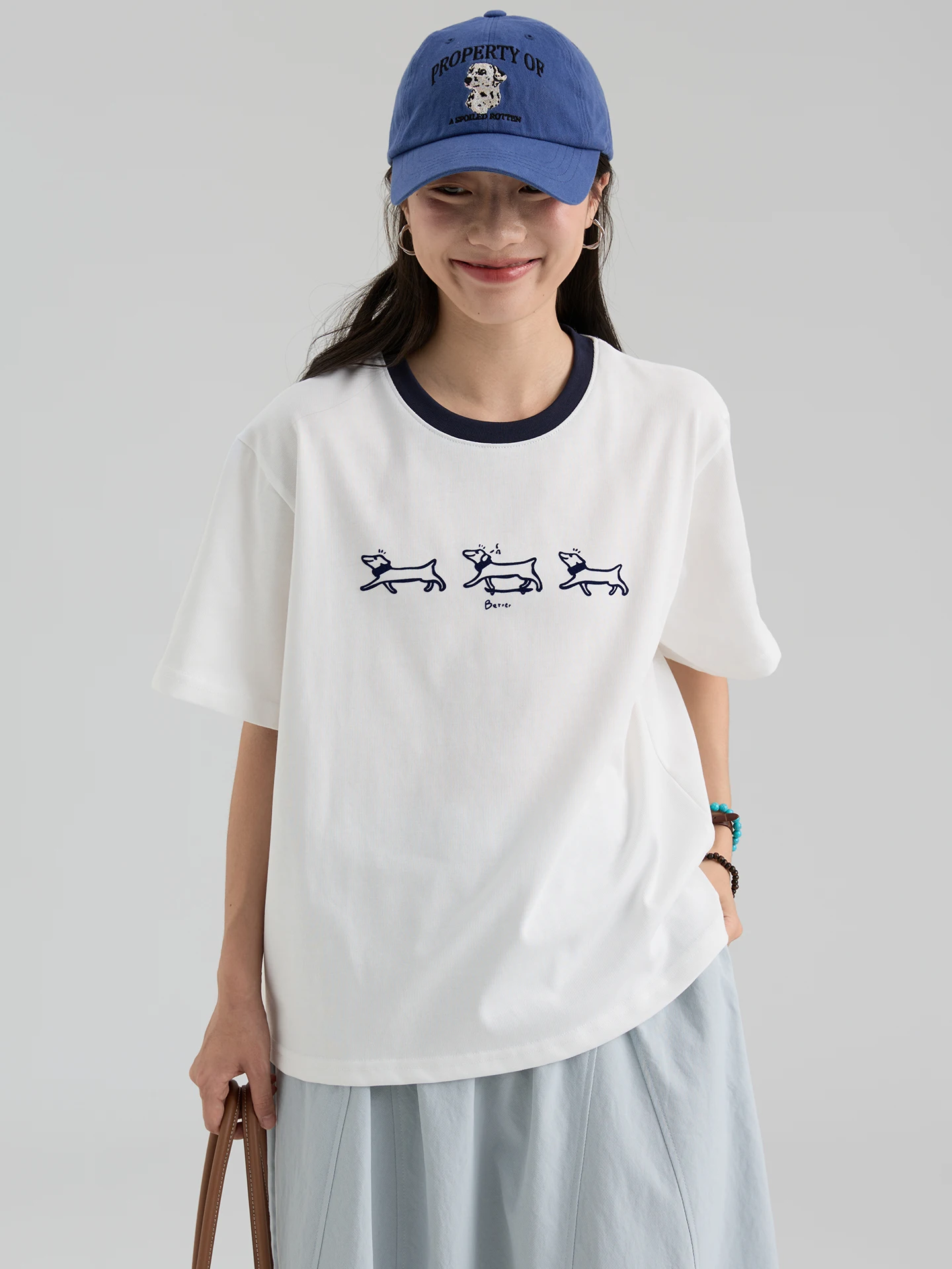 

Свободная футболка с цветным воротником и принтом собаки, короткий рукав, корейский стиль, смесь хлопка и полиэстера, летняя новинка для женщин