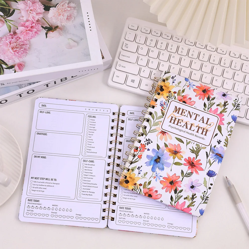 48 sheets Floral Hardcover Mental Health Planner A5 Daily For Self-Care Meditation And Emotional Tracking Notebook For Student
