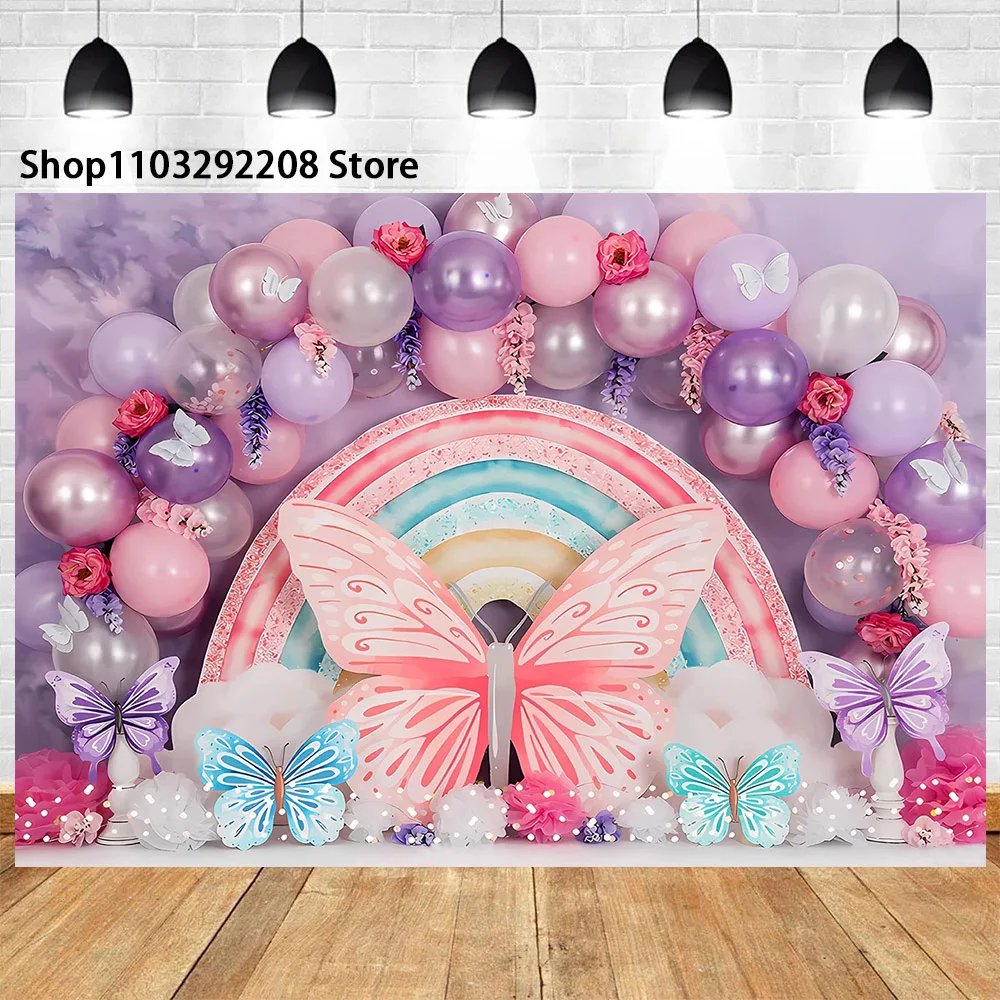 Flowers Balloons Butterfly Theme Girls 1st Birthday Party Baby Shower Cake Smash  Portrait Photography Background Photo Studio