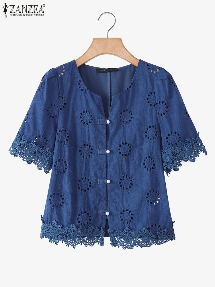 

Fashion Tops ZANZEA Women Cotton Shirts Elegant Tunic 2025 Summer Short Sleeve Casual Loose Hollow Out Solid Korean Blusas Mujer