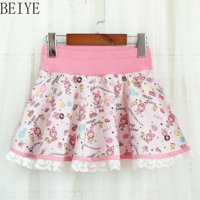 Toddler Girls Japanese Style Cartoon Pattern Skirt Elastic High Waist White Lace Ruffle Hem Sweet Princess Summer Short Skirt