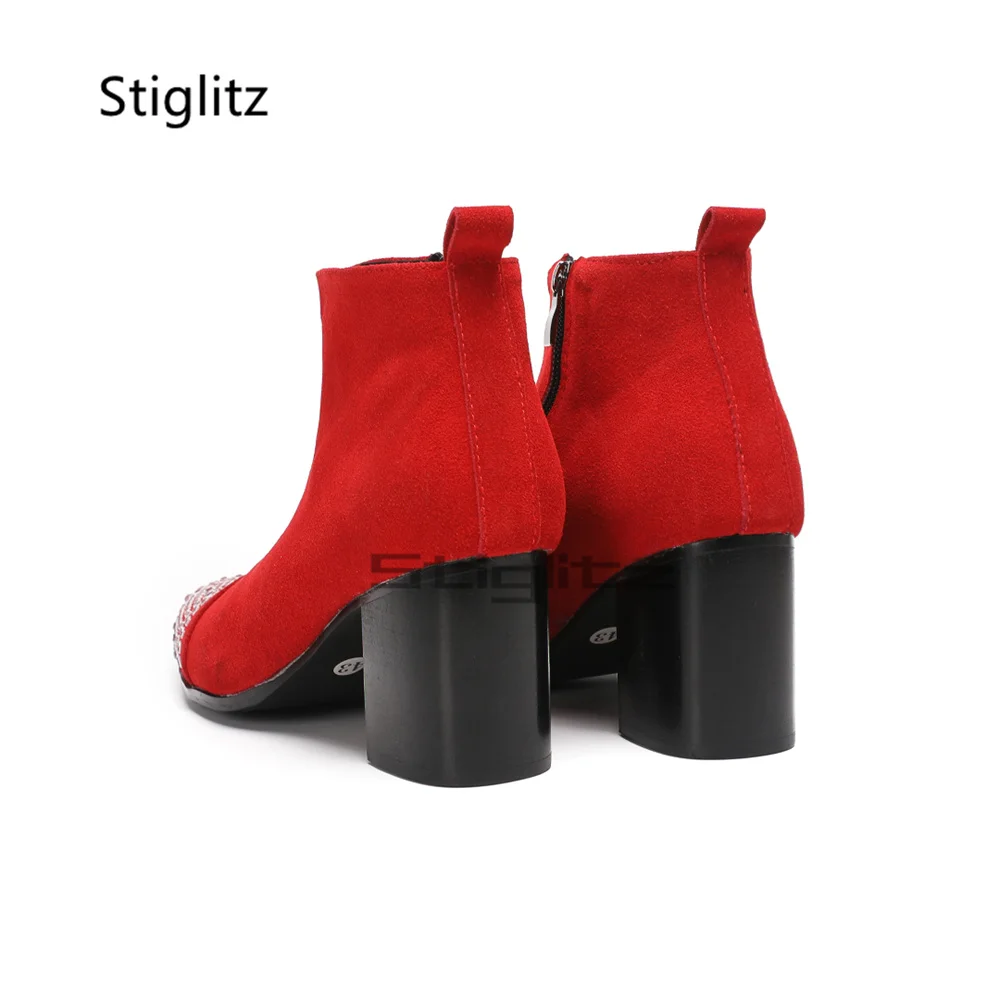 Rhinestone Pointed Toe Chelsea Boots for Men Black Red Suede Block High Heels Side Zip Ankle Wedding Prom Party Shoes Groom