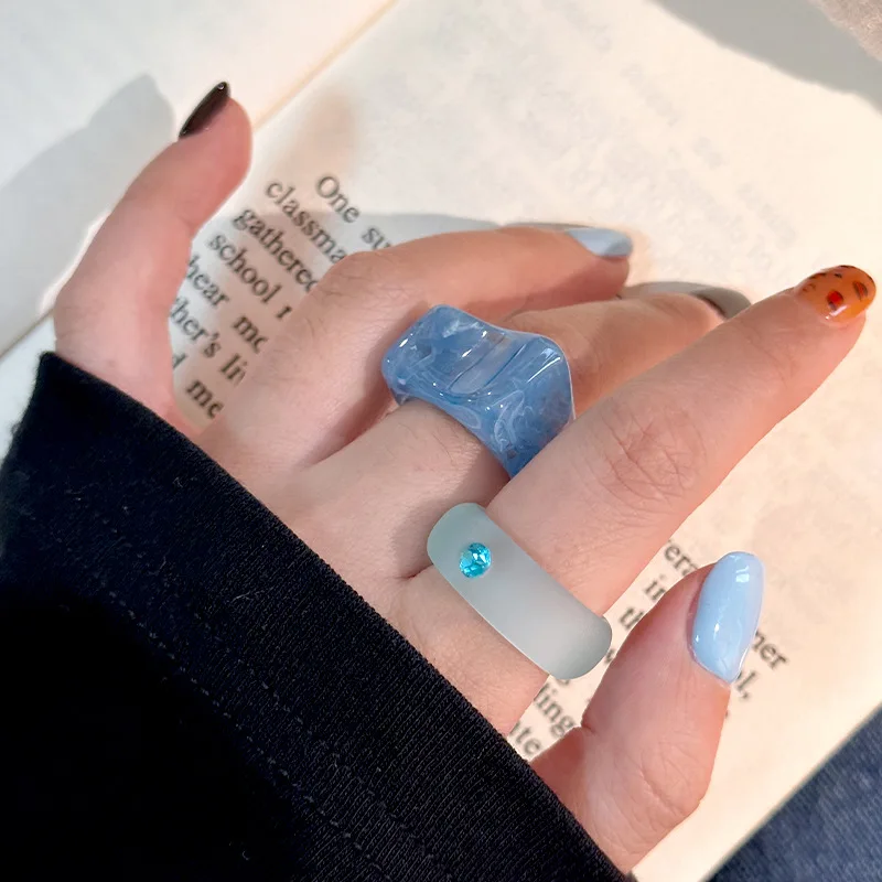 Resin-Smudged Square Geometry Ring Small Fresh Frosted Blue Diamond Ring