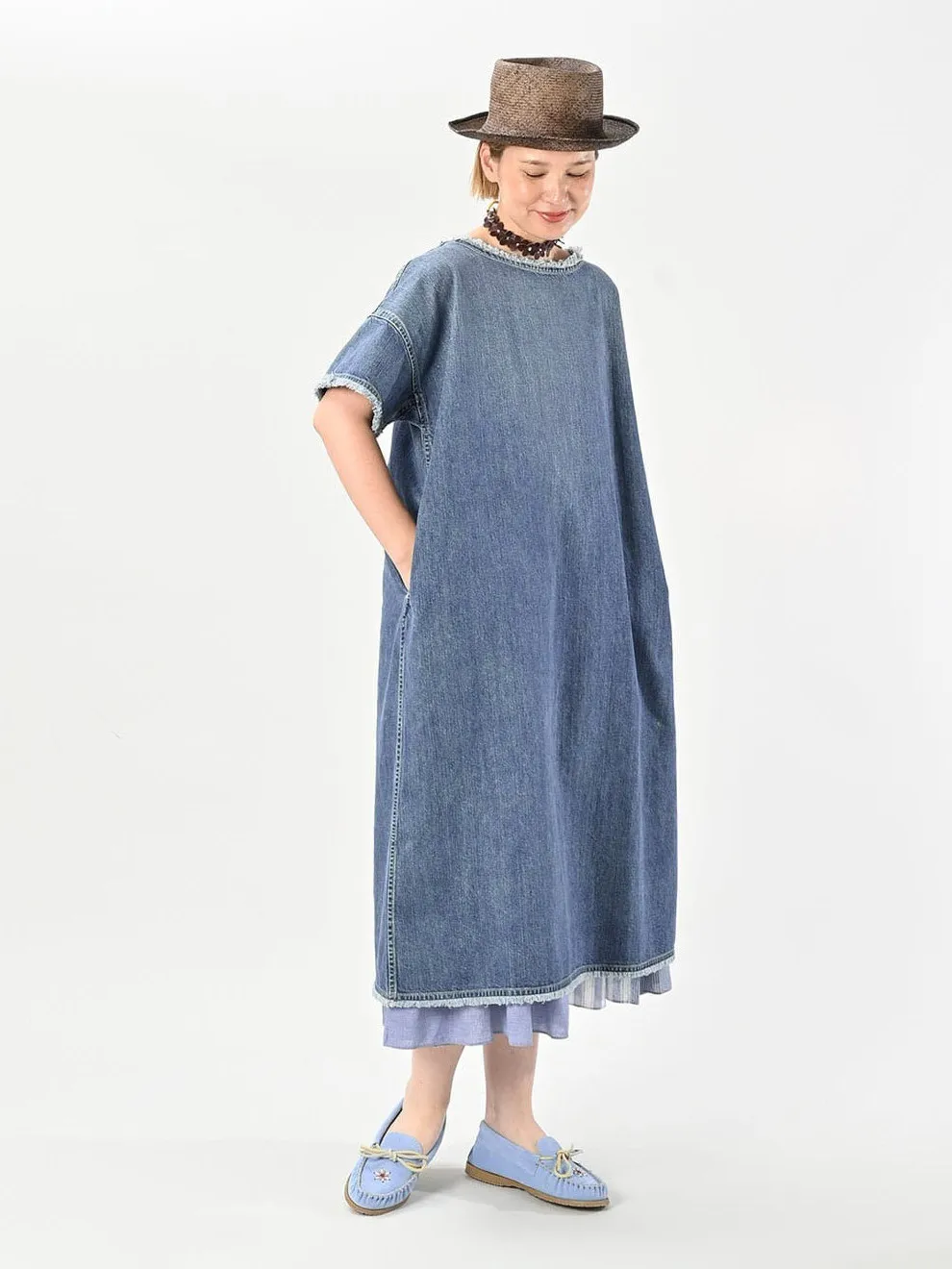 

Summer New Style Casual Loose Shoulder Tassel Denim Dress Short Sleeve Long Dress Women's Cotton round Neck A-Line Skirt