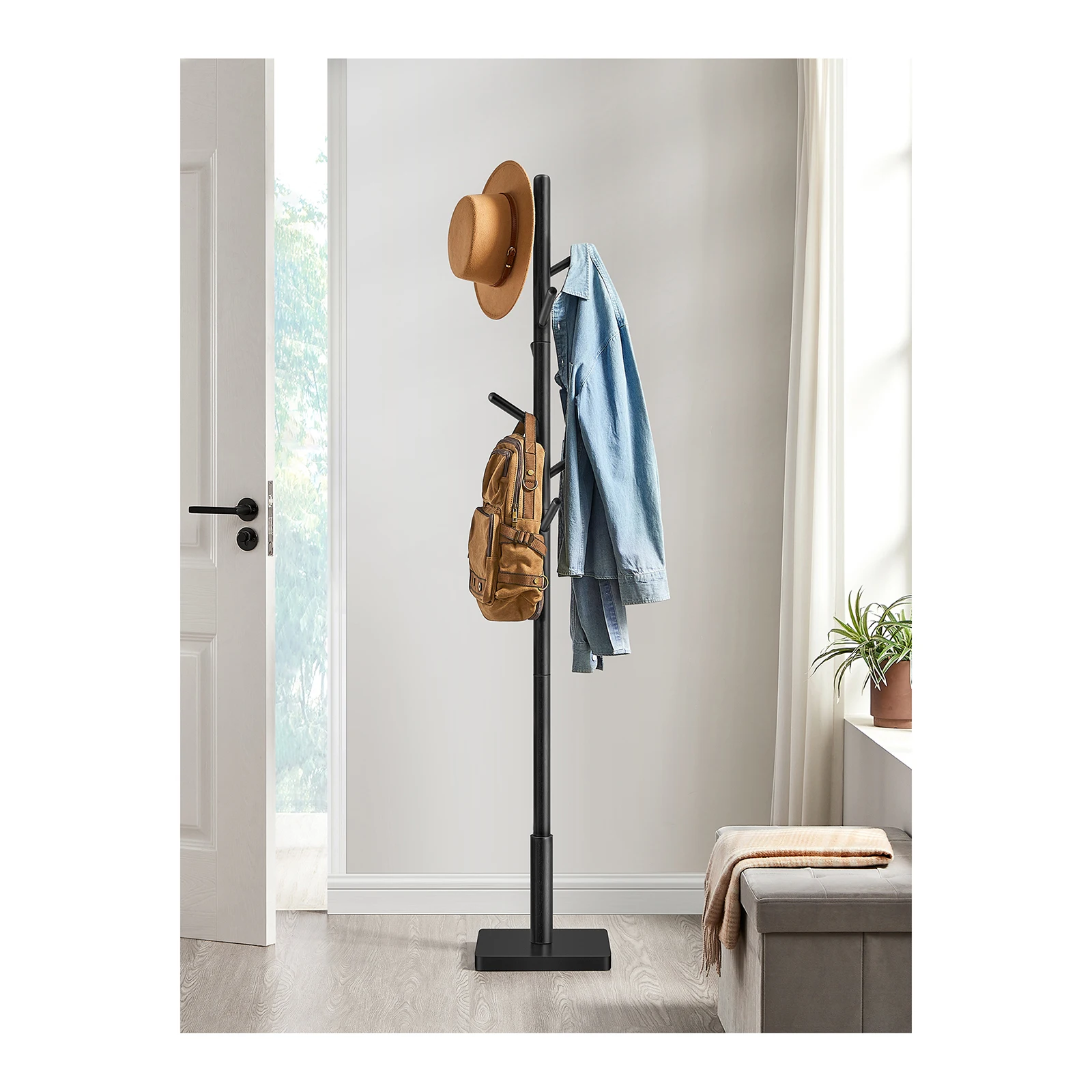 Perchero VASAGLE de madera maciza: perchero de recibidor independiente con 8 ganchos para abrigos, sombreros, bolsos, monederos. Entrada, uso en el pasillo.Rosa Jalea