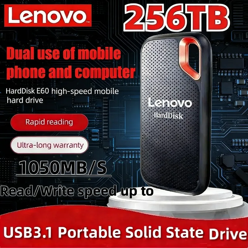 

Внешний твердотельный накопитель Lenovo E60 USB 3.1 HD, 1 ТБ, 2 ТБ, 256 ТБ для ноутбуков, PS5, мобильных устройств, HDD-накопитель для хранения данных