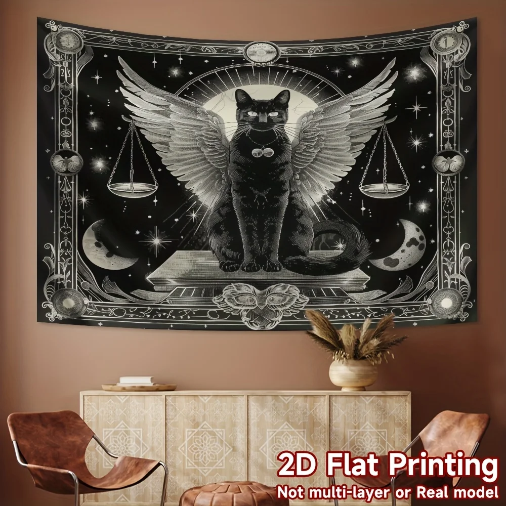 Magic Black Cat Wall Hanging Tapestry, Gothic Moon Phase Wing Feline Witchy Art Decor Fabric, Dark Ornament For Home Room Space