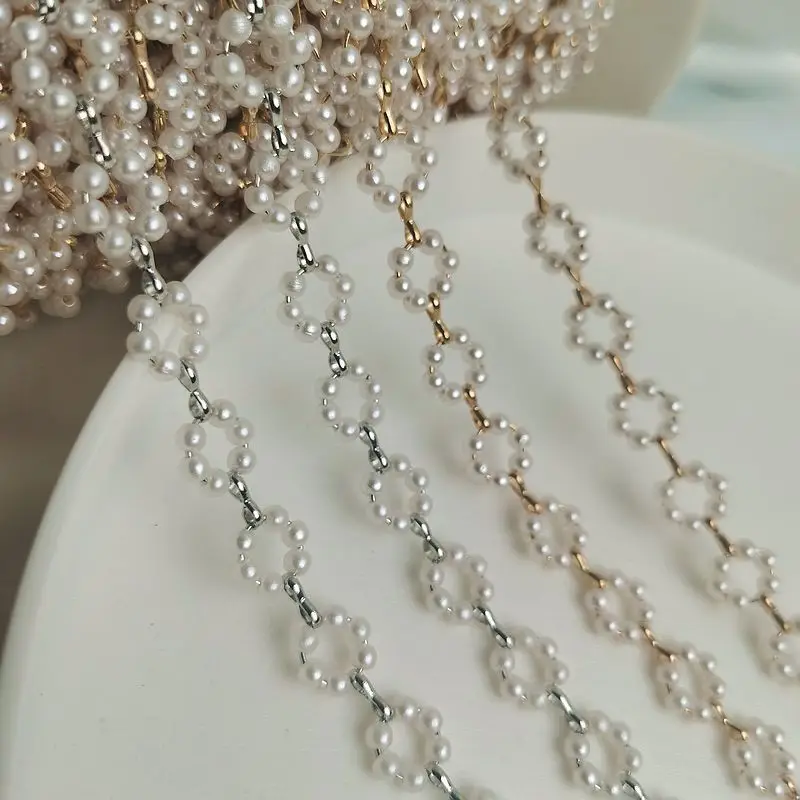 1m Gold Plated Artificial Pearl Floral Flower Link Chain For DIY Necklace Bracelet Anklet Jewelry Craft Components Wholesale 