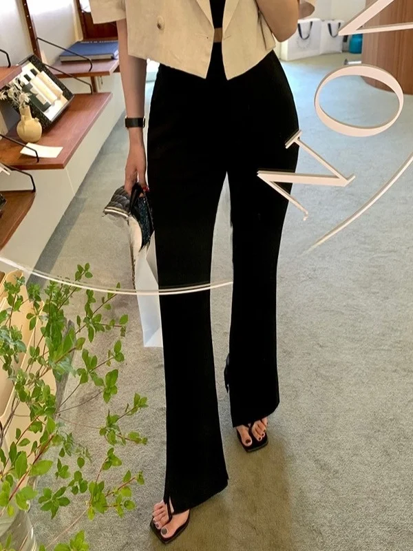 

High Waist Flared Pants Women's Casual Bla Split Long Trousers Floor-Length Micro Trumpet Pants West Sle Autumn Winter