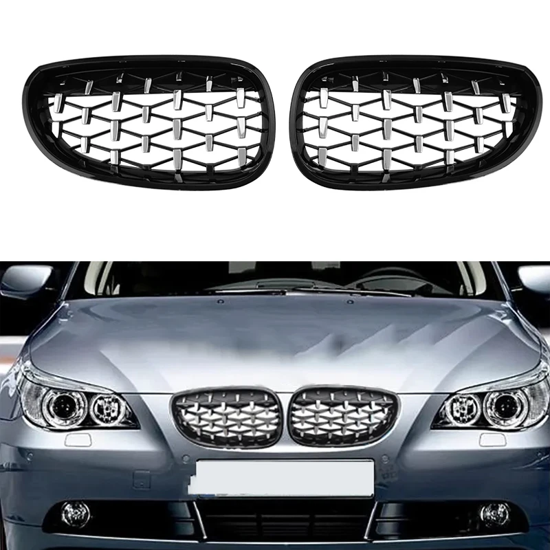 For BMW E60 E61 Car Front Bumper Grilles Kidney Racing Grill 550i 535i 2004-2009 Grille Black Frame Silver Point Accessories