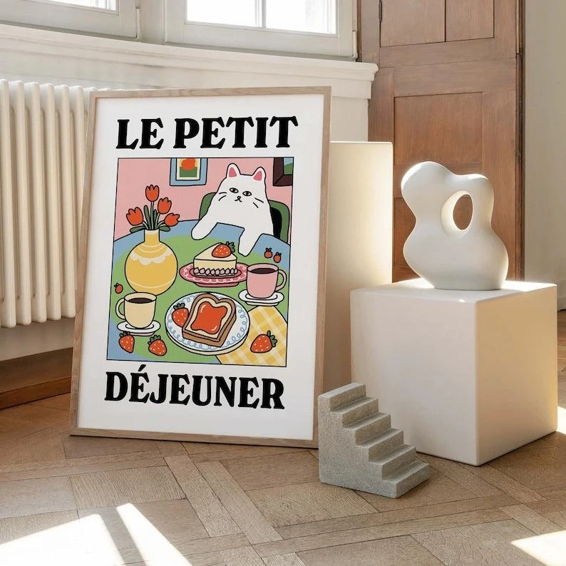 Le Petit Dejeune Cartoon White Cat Wall Art Prints Canvas Painting Poster Picture For Living Children Room Home Decor Gift