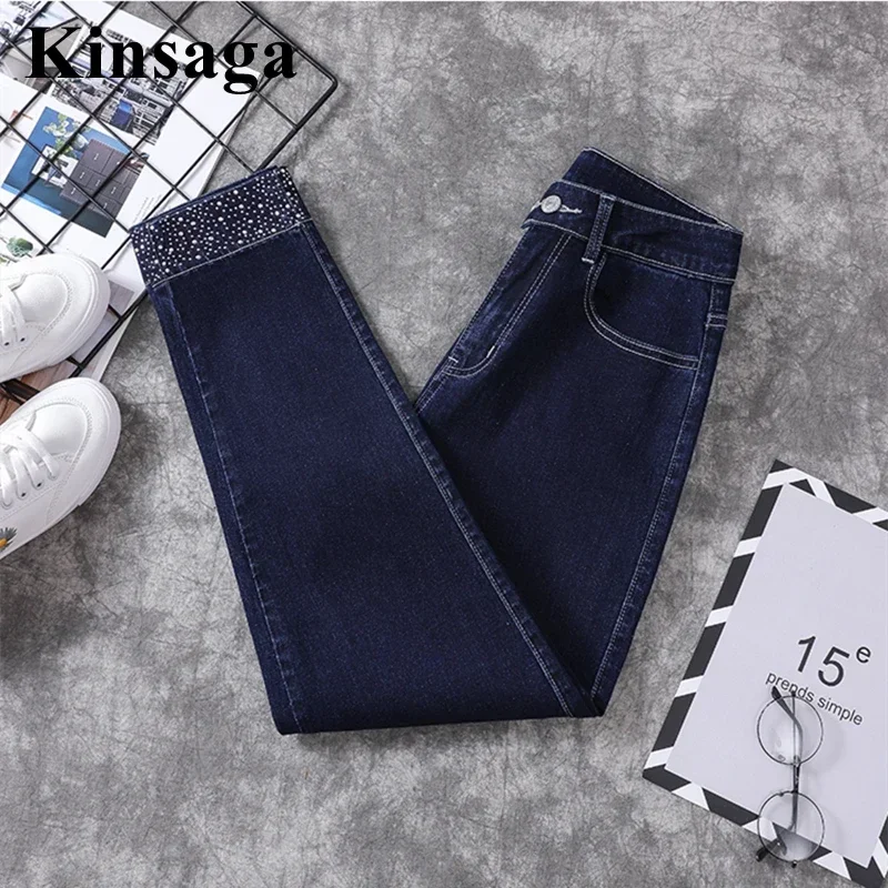 Designer Sequined Cuffed Dark Blue Capris Jeans Mom Chi Vintage Streetwear High Waist Ankle Length Stretchy Skinny Pencil Pants